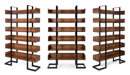 Metal book shelve isolated on white background .Different angles