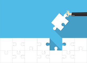 The hands of the businessman hold the jigsaw completely. Vector illustration in flat design.  Implementation of the plan.