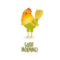 Print. A rooster saying good morning. farm. bird. cartoon rooster.
