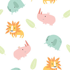 Obraz premium Print. Cute safari animals seamless pattern. Pattern for children. Cartoon elephant, lion, rhino. Can be printed on fabric.