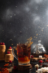 a piece of sugar falls into a glass of tea