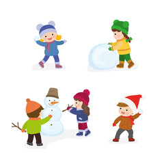 Children play different winter games. Boy and girl build snowman. Set of various kids in warm clothes