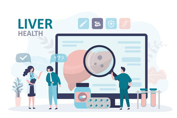 Patient consults with doctor about pain in internal organ. Specialist with magnifying glass examines diseased liver on screen