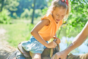 Little girl in the saddle riding on a donkey, in contact farm zoo