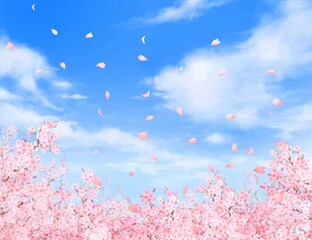 美しく華やかな桜の花と花びら舞い散る春の爽やか青空に雲のフレーム背景ベクター素材イラスト