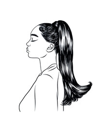 Stylish high ponytail illustration. Sleek hair with trendy curly Ends 