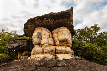 The strange of rock pillars in Phu Pha Theop National Park, Mukdahan province, Thailand.