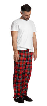 Man in sleepwalking state on white background