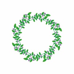 A wreath of branches with green leaves and purple flower. Template for invitations, advertising, design. Plant frame