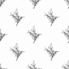 Seamless pattern line art black color sprig branch with leaves on a white background. For textiles, advertising, packaging
