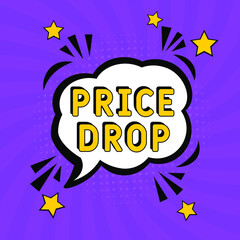 Obraz premium Price drop. Comic book explosion with text - Price drop. Interesting facts symbol. Vector bright cartoon illustration in retro pop art style. Can be used for business, marketing and advertising. 