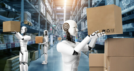 Innovative industry robot working in warehouse for human labor replacement . Concept of artificial...