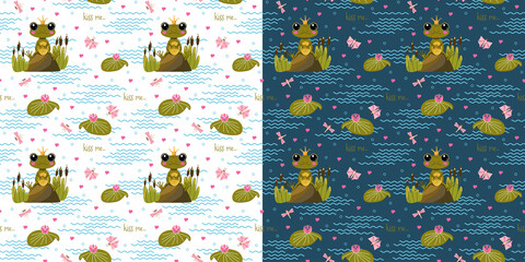 Seamless pattern with cute frogs sitting on a hummock at the pond. Vector childrens pattern. Texture for fabric, clothing, wallpaper, wrapping paper, stationery.