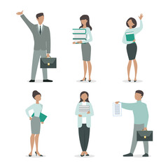 Fototapeta premium Set of office people drawn in a flat style. Illustration of business peoples with paper folders, books and documents isolated on a white background. Vector 10 EPS.