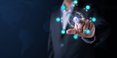 Businessman showing hologram, analyzing sales data and economic. Analysis strategy sale marketing...
