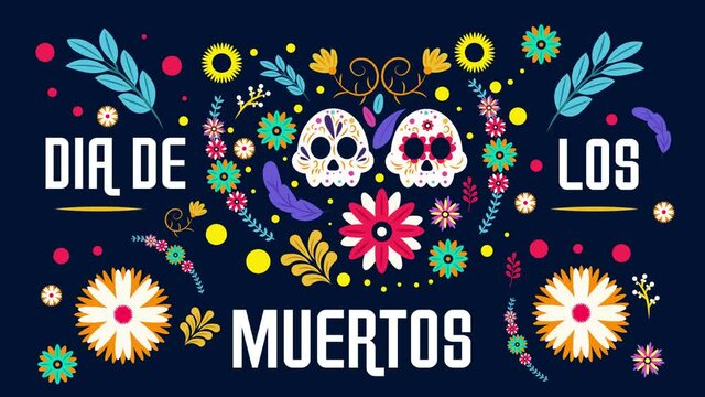 Death day concept. Halloween or Mexican holiday of Death. Gloomy pop up skeletons and moving traditional patterns. Colorful video postcard for holiday. Flowers and leaves. Graphic animated cartoon