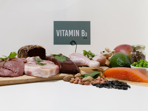 A set of natural products rich in vitamin B3 Niacin. Healthy food concept. Cardboard sign with the inscription.