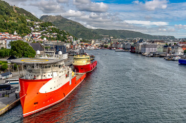 Two multi purpose vessels in the harbour of Bergen, Norway