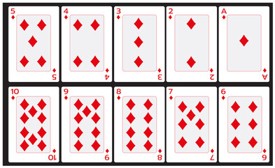 Illustration of ten diamond cards on a black background for posters, icons, symbols, websites