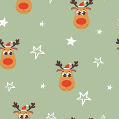 Fototapeta premium Christmas seamless pattern with cartoon deer face and white stars on a green background. Vector texture.