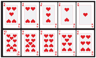 Illustration of ten hearts cards on a black background for posters, icons, symbols, websites.