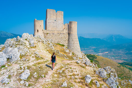 Castle of Rocca Calascio and Santa Maria della Pieta church, Aquila, Abruzzo, Italy. Part of Gran Sasso National Park, location for several film scenes, one of 15 most beautiful castle in the world