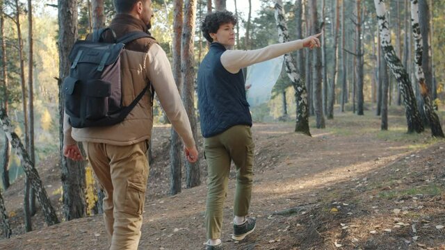 Back view of happy young couple walking in forest together talking and gesturing enjoying trip and nature. Lifestyle and relationship concept.
