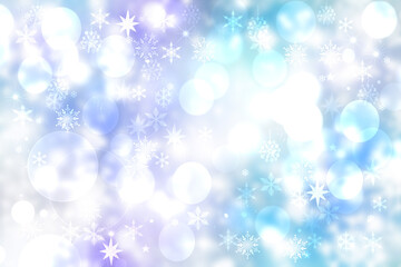 Fototapeta na wymiar Abstract blurred festive light blue pink winter christmas or Happy New Year background with shiny blue and white bokeh lighted snowflakes and stars. Space for your design. Card concept.