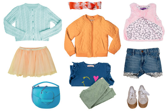 Collage set of little girl summer clothes isolated on a white background. The collection of blue denim shorts, a rain jacket, a vest, shoes, summer skirt, cardigan, a fur vest and other accessories. 