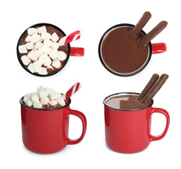 Set with cups of delicious hot chocolate on white background