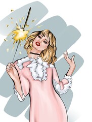 A girl with short blond hair looks at the sparkler. Young woman in a pink dress and with red lipstick. New year or christmas or holiday illustration