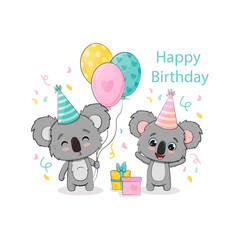 Birthday card with cute koalas  with balloons and gifts.Cartoon koala. 