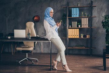 Profile full size photo of hr millennial eastern lady write telephone wear spectacles hijab shirt...