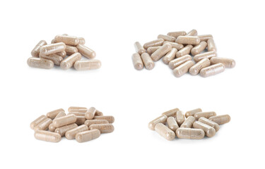 Transparent gelatin capsules on white background, collage