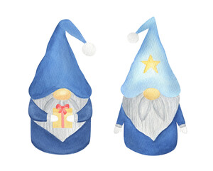 Cute watercolor gnome Christmas illustration isolated on white background. Winter gnomes set. 
