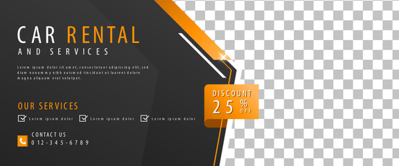 Car rental and services horizontal banner template design. Modern banner with place for the photo. Usable for banner, cover, header, and background.