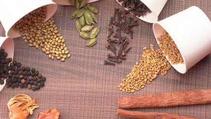 Collection of indian Spices and herbs. Food and cuisine ingredients on wooden background.