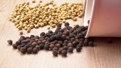 Collection of indian Spices and herbs. Food and cuisine ingredients on wooden background.