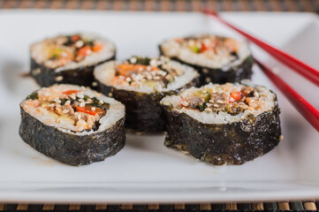 Cut kimbap or gimpab.Traditional Korean rolls with rice,beef,vegetables and omelette
