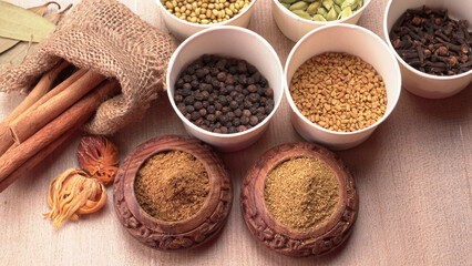 Collection of indian Spices and herbs. Food and cuisine ingredients on wooden background.