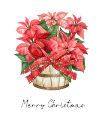 Red poinsettia flower in the wooden pot with red bow. Watercolor illustration.The Christmas winter holiday bouquet isolated on the white background - obrazy, fototapety, plakaty