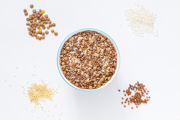 buckwheat corn corn rice lentil millet mix in a bowl on the table