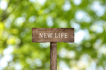 Start to live without alcohol addiction. Wooden signpost with inscription NEW LIFE on blurred green background