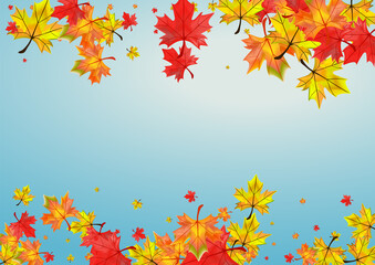 Obraz premium Autumnal Floral Background Blue Vector. Leaves Season Design. Yellow Realistic Foliage. Paper Plant Template.
