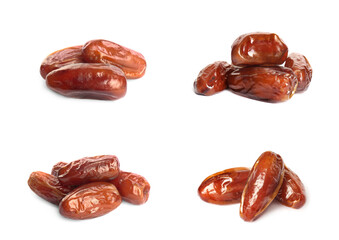 Set with tasty dried dates on white background