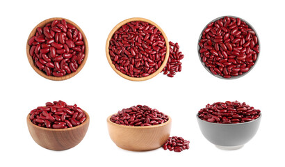 Set with raw red kidney beans on white background