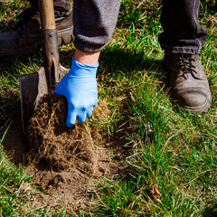 Close-up, shallow DOF. Digging spring soil with shovel
