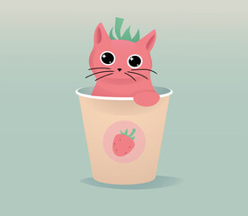 cat with a cup of strawberry cocktail
