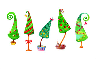 watercolor illustration set of cartoon Christmas tree