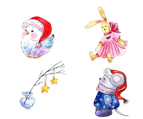 watercolor illustration set of christmas stickers
